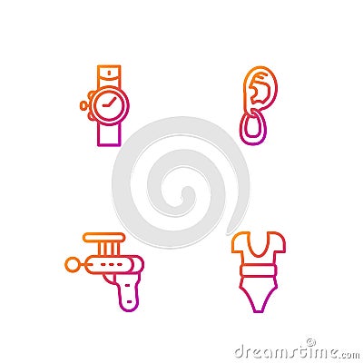 Set line Swimsuit, Ray gun, Wrist watch and Ear with earring. Gradient color icons. Vector Vector Illustration