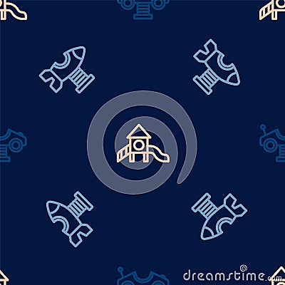 Set line Swing car, plane and Slide playground on seamless pattern. Vector Vector Illustration