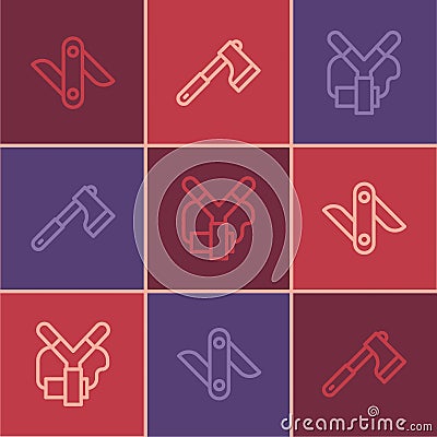 Set line Swiss army knife, Slingshot and Wooden axe icon. Vector Vector Illustration