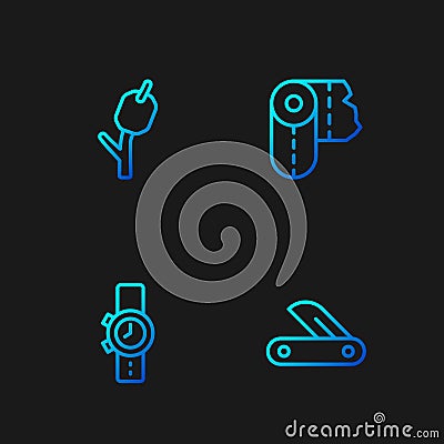 Set line Swiss army knife, Wrist watch, Marshmallow on stick and Paper towel roll. Gradient color icons. Vector Stock Photo