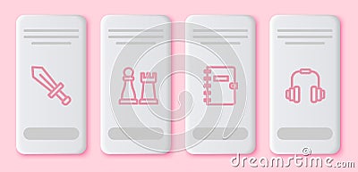 Set line Sword for game, Chess, Spiral notebook and Headphones. White rectangle button. Vector Stock Photo
