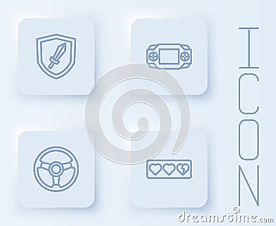 Set line Sword for game, Portable video console, Racing simulator and Game life bar. White square button. Vector Vector Illustration