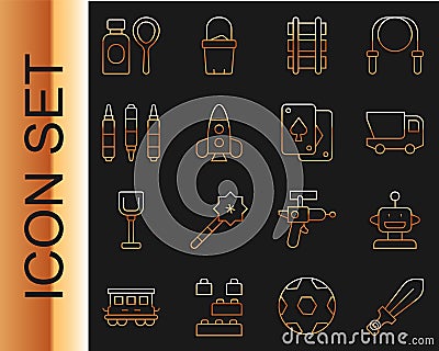 Set line Sword toy, Robot, Toy truck, railway, Rocket ship, Marker pen, Soap bubbles bottle and Playing cards icon Vector Illustration