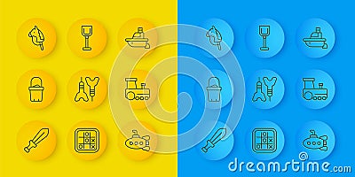 Set line Sword toy, Sand in bucket, Dart arrow, Submarine, Toy train, horse, boat and Shovel icon. Vector Vector Illustration