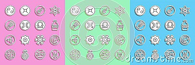 Set line Symbol Uranus, Moon and stars, Bottle of water, Mars symbol, Pisces zodiac, Comet, Cancer and Libra icon Stock Photo