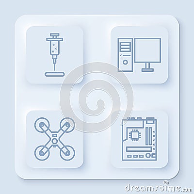 Set line Syringe, Computer monitor, Drone flying and Motherboard. White square button. Vector Vector Illustration