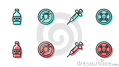 Set line Syringe, Poisoned alcohol, Stop colorado beetle and Bones and skull icon. Vector Vector Illustration
