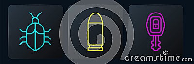 Set line System bug concept, Car key with remote and Bullet. Black square button. Vector Vector Illustration