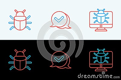 Set line System bug on monitor, and Check mark in speech bubble icon. Vector Vector Illustration