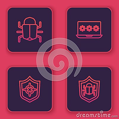 Set line System bug, Shield, Laptop with password and . Blue square button. Vector Vector Illustration