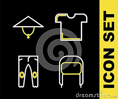 Set line T-shirt, Winter hat with ear flaps, Pants and Asian conical icon. Vector Stock Photo