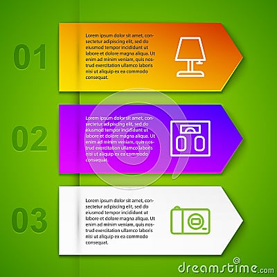 Set line Table lamp, Bathroom scales, Photo camera and Smart Tv. Business infographic template. Vector Vector Illustration