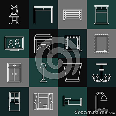 Set line Table lamp, Chandelier, Picture, Chest of drawers, Chair, frame on table, and Makeup mirror with lights icon Vector Illustration