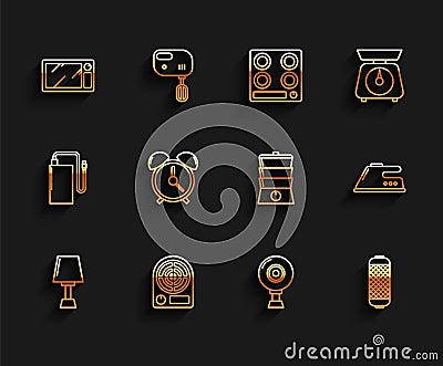 Set line Table lamp, Electric heater, Microwave oven, Web camera, Stereo speaker, Alarm clock, iron and Double boiler Vector Illustration