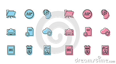Set line Tablet with text 5k, Video graphic card, Folder and lock, 3D printer, File document, Cloud technology data Vector Illustration