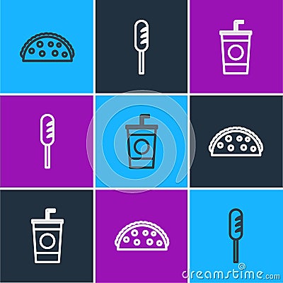 Set line Taco with tortilla, Paper glass straw and Fried sausage icon. Vector Vector Illustration