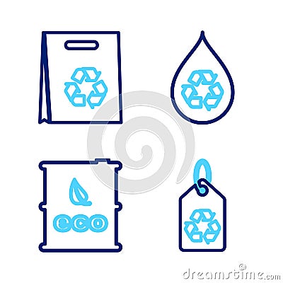 Set line Tag with recycle, Bio fuel barrel, Recycle clean aqua and Shopping bag icon. Vector Vector Illustration