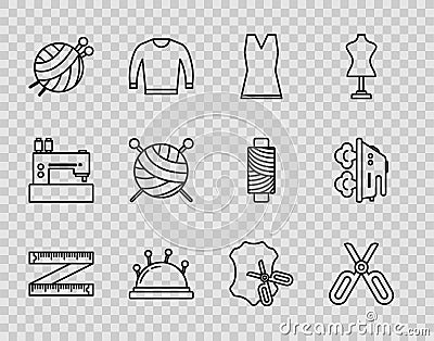 Set line Tape measure, Scissors, Woman dress, Needle bed and needles, Yarn ball with knitting, leather and Electric iron Vector Illustration