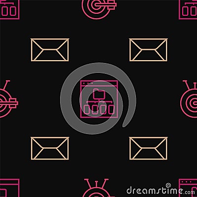 Set line Target with arrow, Envelope and Browser files on seamless pattern. Vector Vector Illustration