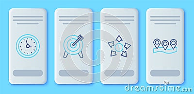 Set line Target, Many ways directional arrow, Clock and Location icon. Vector Vector Illustration