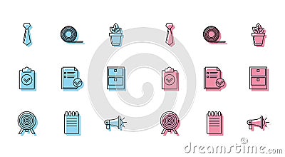 Set line Target, Notebook, Tie, Megaphone, Document and check mark, Archive papers drawer, Completed task and Scotch Stock Photo