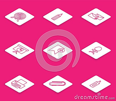 Set line Target, Pencil, Envelope, Presentation financial board with graph, schedule, chart, diagram, infographic, pie Stock Photo