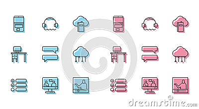 Set line Task list, Online education, Laptop, Speech bubble chat, Network cloud connection, Computer monitor and desk Stock Photo