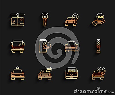 Set line Taxi car, Cable, Laptop call taxi service, Car, telephone, Traffic light and icon. Vector Stock Photo