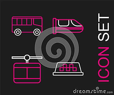 Set line Taxi car roof, Cable, High-speed train and Bus icon. Vector Vector Illustration