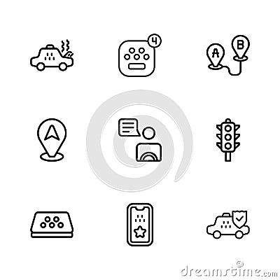 Set line Taxi mobile app, Traffic light, car insurance, driver, Route location, Broken taxi, and Location icon. Vector Vector Illustration