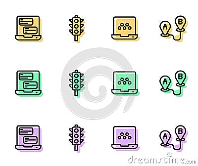 Set line Taxi mobile app, Traffic light and Route location icon. Vector Vector Illustration