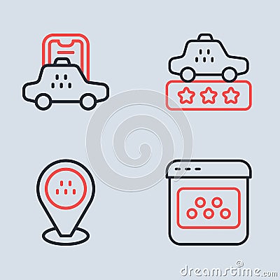 Set line Taxi service rating, Location taxi car, mobile app and icon. Vector Vector Illustration