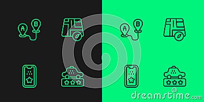 Set line Taxi service rating, mobile app, Route location and Location taxi car icon. Vector Vector Illustration
