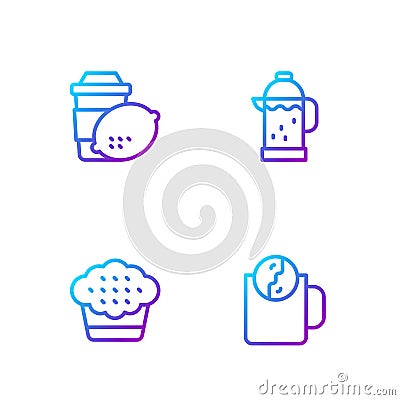 Set line Tea time, Muffin, Cup of tea with lemon and French press. Gradient color icons. Vector Vector Illustration