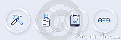 Set line Teeth with braces, Calendar tooth, Mouthwash and Dental mirror and probe icon. Vector Vector Illustration