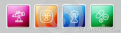Set line Telescope, Radioactive, Explosion in the flask and Medicine pill or tablet. Colorful square button. Vector Stock Photo