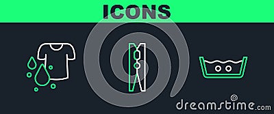 Set line Temperature wash, Dirty t-shirt and Clothes pin icon. Vector Vector Illustration