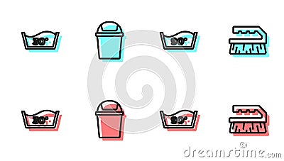 Set line Temperature wash, , Trash can and Brush for cleaning icon. Vector Stock Photo
