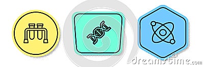 Set line Test tube, DNA symbol and Atom. Colored shapes. Vector Stock Photo