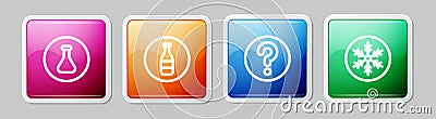 Set line Test tube and flask, Bottle, Unknown search and Snowflake. Colorful square button. Vector Vector Illustration