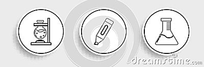 Set line Test tube and flask chemical laboratory, Glass test on fire and Marker pen icon. Vector Stock Photo