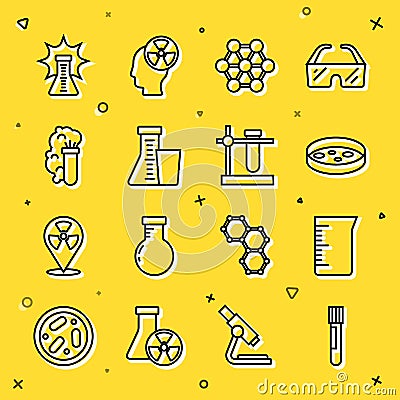 Set line Test tube and flask, Laboratory glassware or beaker, Petri dish with bacteria, Molecule, Chemical explosion Vector Illustration