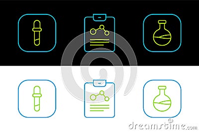 Set line Test tube and flask, Pipette and Chemistry report icon. Vector Vector Illustration
