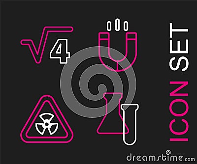 Set line Test tube and flask, Triangle with radiation, Magnet and Square root of 4 glyph icon. Vector Vector Illustration