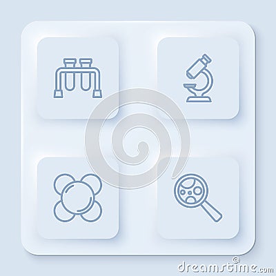 Set line Test tube, Microscope, Molecule and Microorganisms under magnifier. White square button. Vector Vector Illustration