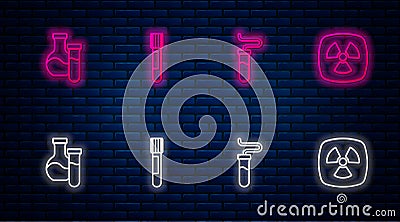 Set line Test tube, and Radioactive. Glowing neon icon on brick wall. Vector Vector Illustration