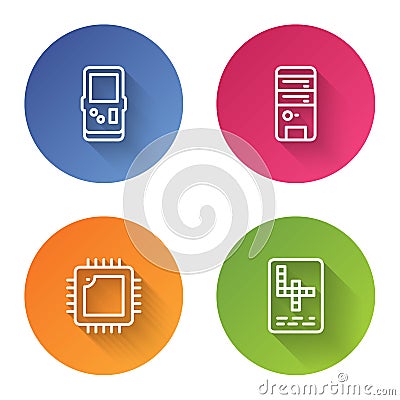 Set line Tetris, Computer, Processor with CPU and Crossword. Color circle button. Vector Vector Illustration