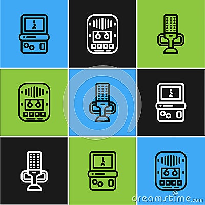 Set line Tetris, Microphone and Cassette tape player icon. Vector Stock Photo