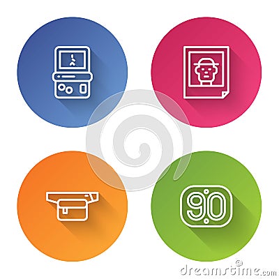 Set line Tetris, Photo, Waist bag of banana and 90s Retro. Color circle button. Vector Vector Illustration