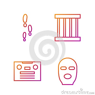Set line Thief mask, Retro audio cassette tape, Footsteps and Prison window. Gradient color icons. Vector Vector Illustration